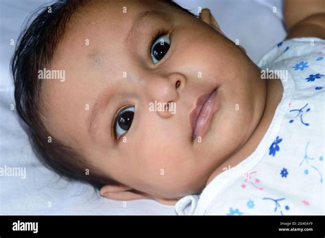 Close up face of cute newborn baby boy with black eyes posing at camera ...