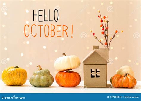 Hello October Message with Pumpkins with a House Stock Photo - Image of background, fall: 157703344