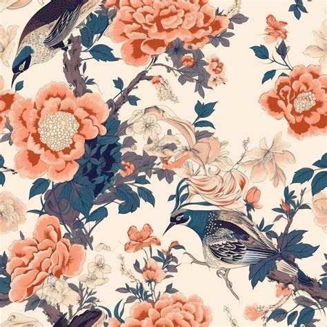 Premium AI Image | A floral wallpaper with a bird and flowers on it.