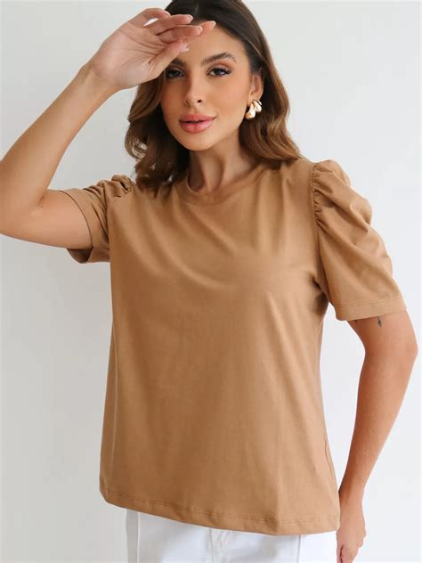 Blusa 100 Algodão Feminina - Blusa Feminina Manga Bufante 100% Algodão Lisa | Camelo