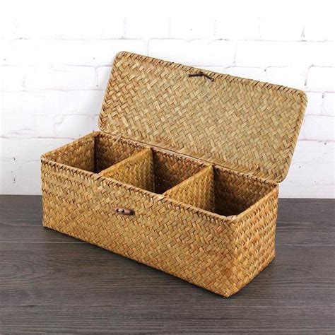 grids hand woven water hyacinth baskets  lid straw storage