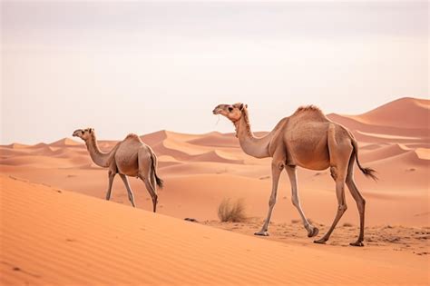 Premium AI Image | two camels walking in the desert with sand dunes