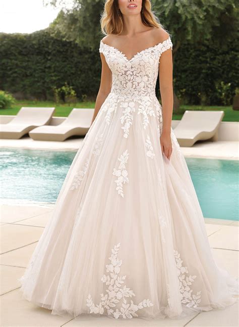 Classic Lace Off-The-Shoulder Ball-Gown Wedding Dresses - Missacc