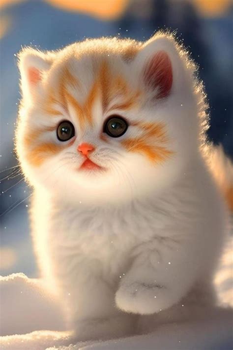an orange and white kitten sitting in the snow looking at something