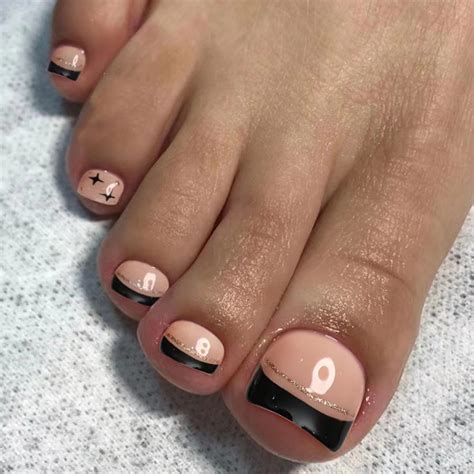 Black French Tip Press On Toenails with Gold Glitters and Stars - Short