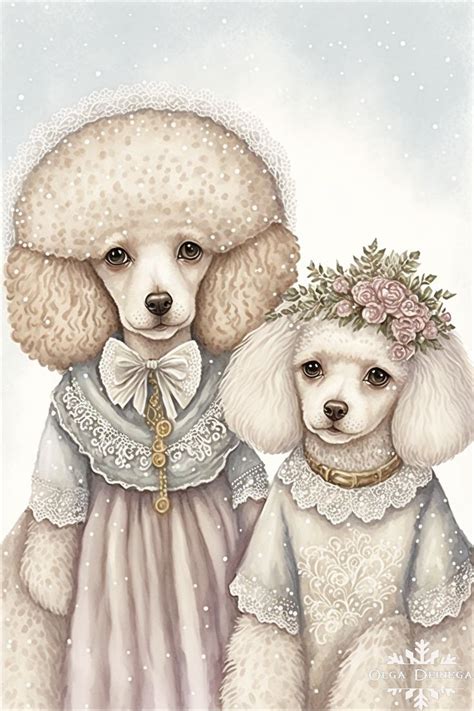 two poodles dressed up in dresses and flowers are standing next to each ...