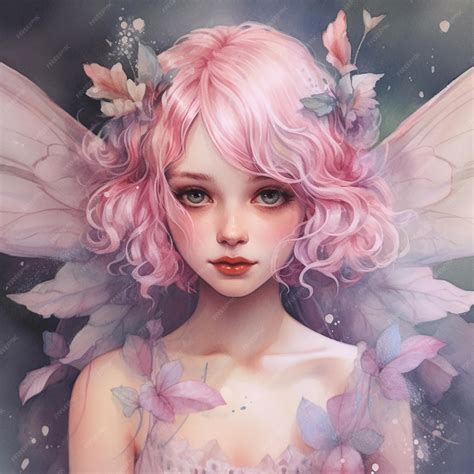 Premium AI Image | A painting of a fairy with pink hair and pink wings.