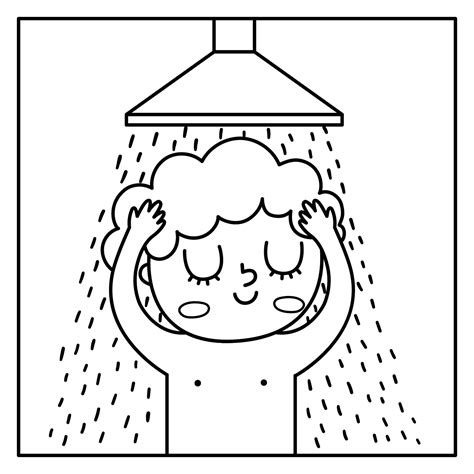 Black and white boy taking a shower icon. Cute washing kid. Child doing