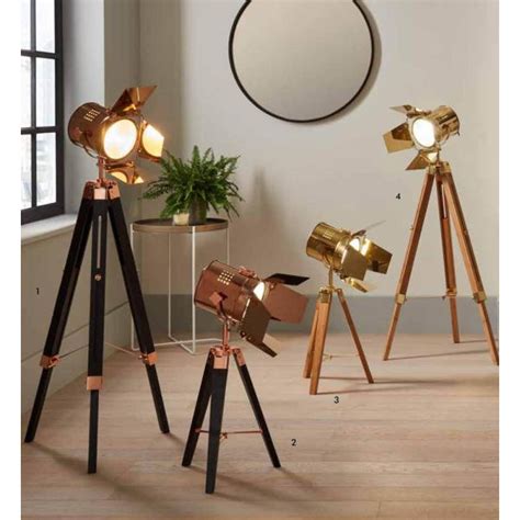 Film Style Copper Metal and Black Wood Tripod Floor Lamp | Zurleys