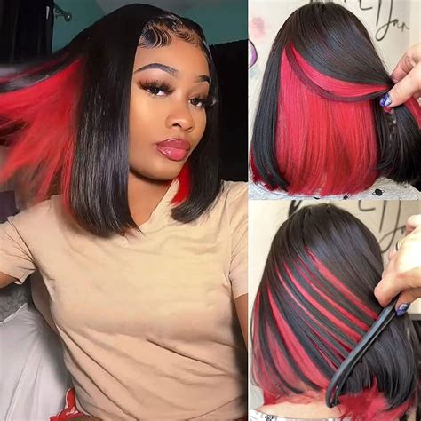 IWISH Highlight Red Bob Wig For Women Skunk Stripe Straight Short Bob