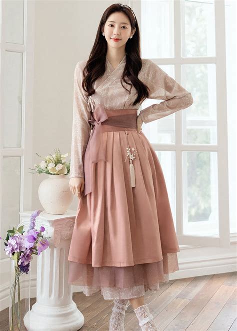 antique beige floral pattern modern hanbok dress joteta korean