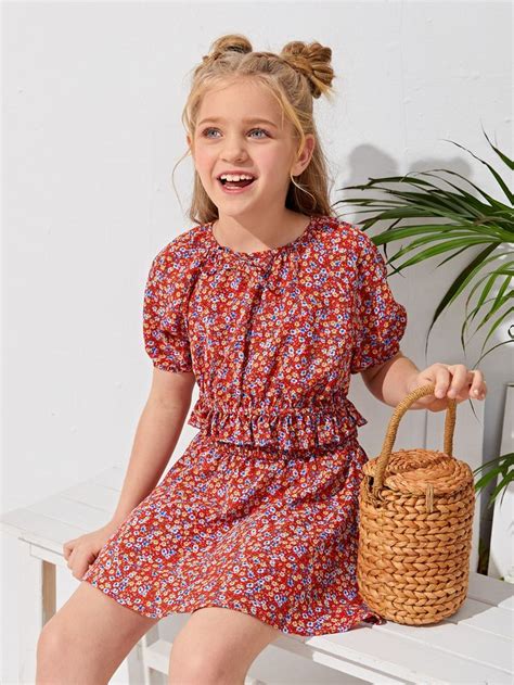 Girls Ditsy Floral Knot Front Ruffle Hem Top & Shirred Skirt Set | Teen