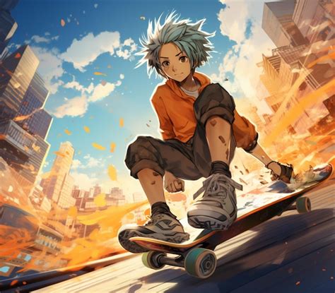anime boy  skateboard  city  flames  background generative ai