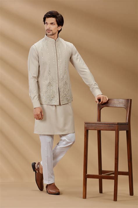 Beign Color Silk Fabric Mens Kurta Set With Waistcoat, Nehru Jacket