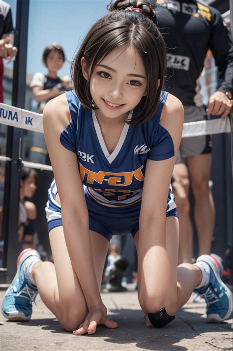 Arafed asian girl in a cheer uniform crouching down to pose for a