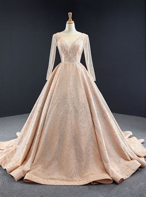 Silver Gray Ball Gown Embroidery Long Sleeve Backless Prom Dress