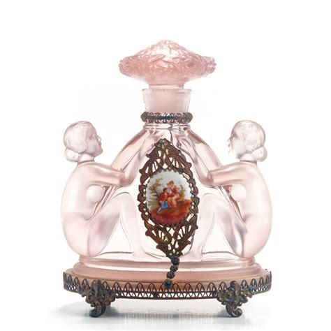 Art Deco Czechoslovakian Crystal Perfume Bottle Nudes 1920s Czech Glass