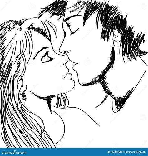 Hand Drawn Sketched Young Couple Making Out and about To Kiss Stock