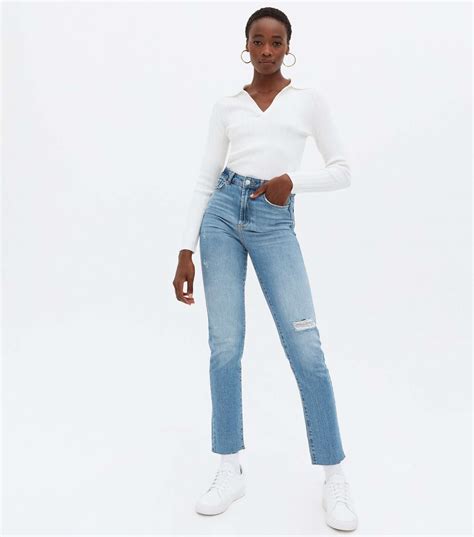 Tall Blue Ripped Ankle Grazing Hannah Straight Leg Jeans | New Look
