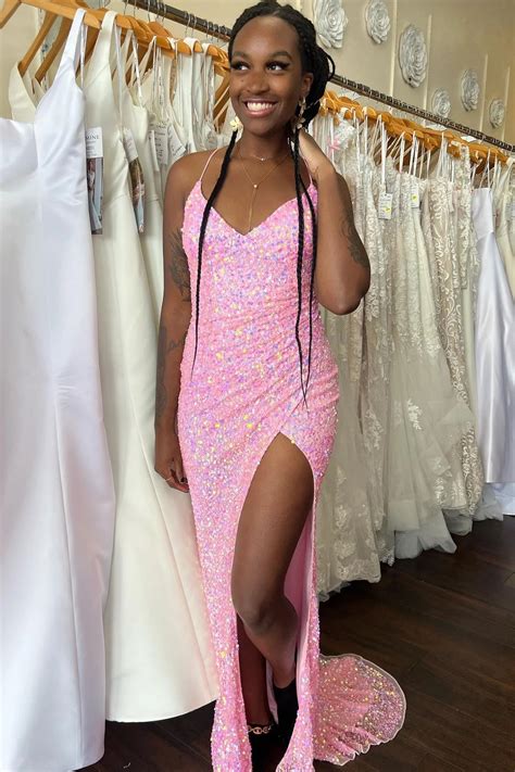 Pink Long V Neck Prom Dress Mermaid Straps Sequins Evening Dress UK wi