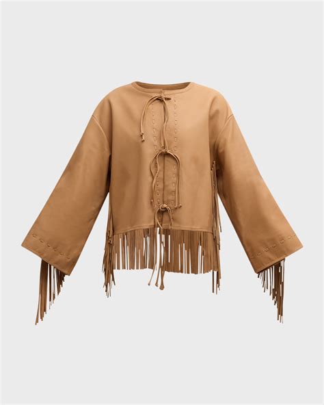 By Malene Birger Zoena Tie-Front Fringe Leather Jacket | Neiman Marcus