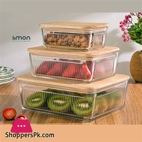 Buy Limon Rectangular Glass Container Set Wooden Lid at Best Price in Pakistan