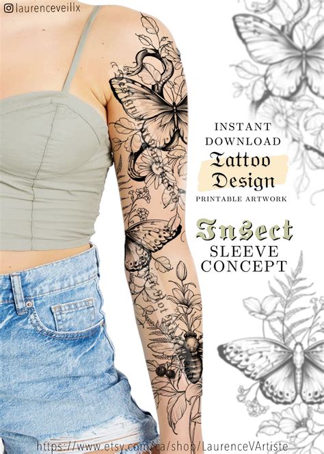 sleeve tattoo design  women butterfly moth bee snake flower floral