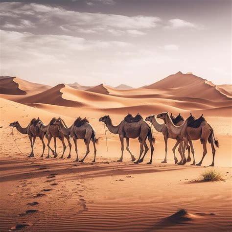 Premium AI Image | camels are walking through the sand dunes.