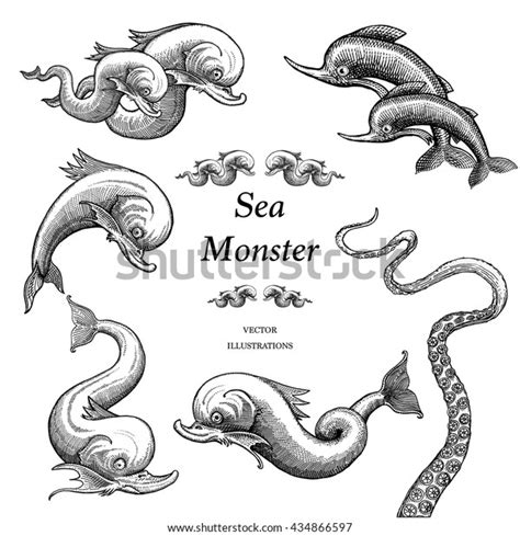 Sea Monster Illustrations Vintage Style Stock Vector (Royalty Free