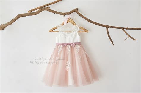 Flower Girl Dress Dusty Rose Tulle With Illusion Sheer Lace M0082