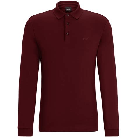 Hugo Boss Pado Embroidered Logo Long Sleeve Burgundy Polo Shirt ...