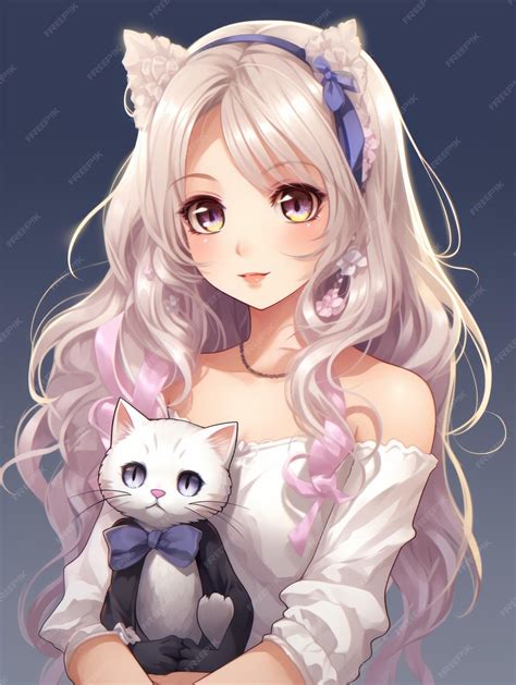 Premium AI Image | anime girl holding a cat and wearing a white dress