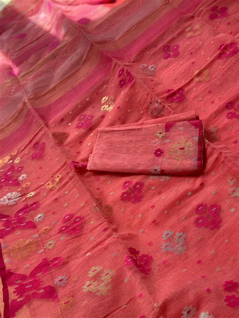100% Original Bangladeshi Dhakai Half Silk Jamdani Saree Pink Colour