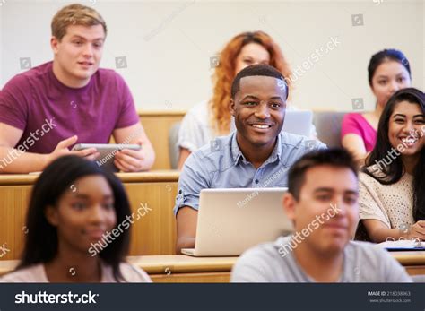 students  laptops digital tablets lecture stock photo