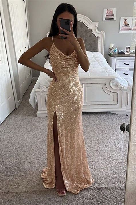 Queendancer Women Champagne Sparkly Long Prom Dress with Slit Spaghetti