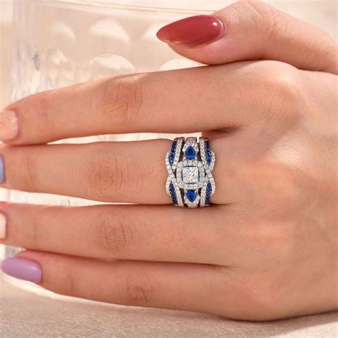 Blue Sapphire White CZ Wedding Band for Women Ring Guards Enhancers