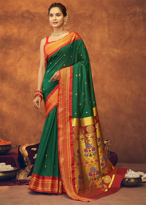 Forest Green Paithani Silk Saree with Red Blouse - Urban Womania
