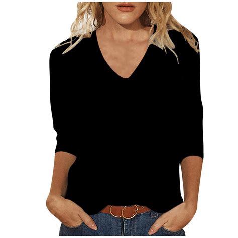 Enjoytime Womens Casual T-Shirts 3/4 Sleeve V Neck Blouses Solid Color ...
