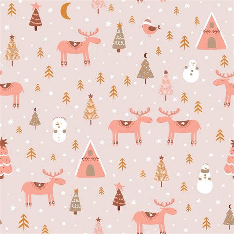 Pink Christmas pattern. Christmas deer in forest. Magical winter ...