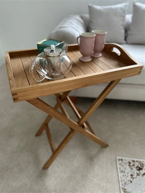 solid teak serving table tray  foldable stand tables  chairs