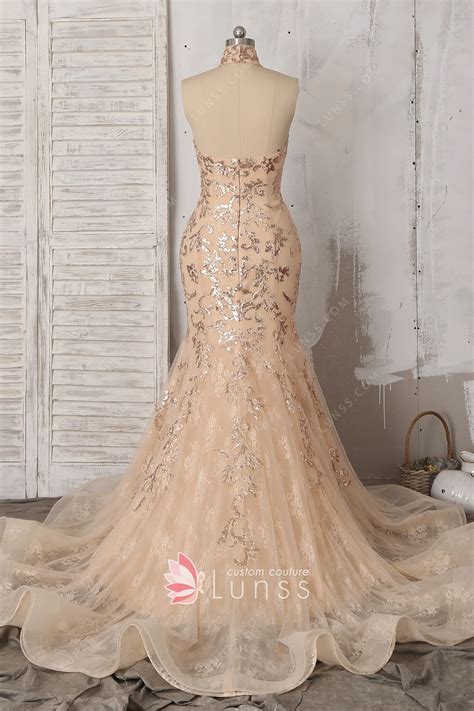 Sparkly Champagne Gold Sequin Lace Mermaid Prom Dress - Lunss