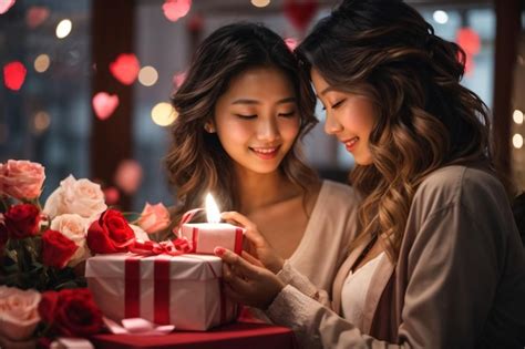Premium Photo | Beautiful young couple surprise with rose and gift in ...