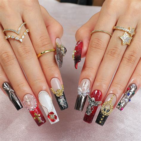 Elegant Enchantment Long Square Shape Red Black Glamorous Nail Set wit