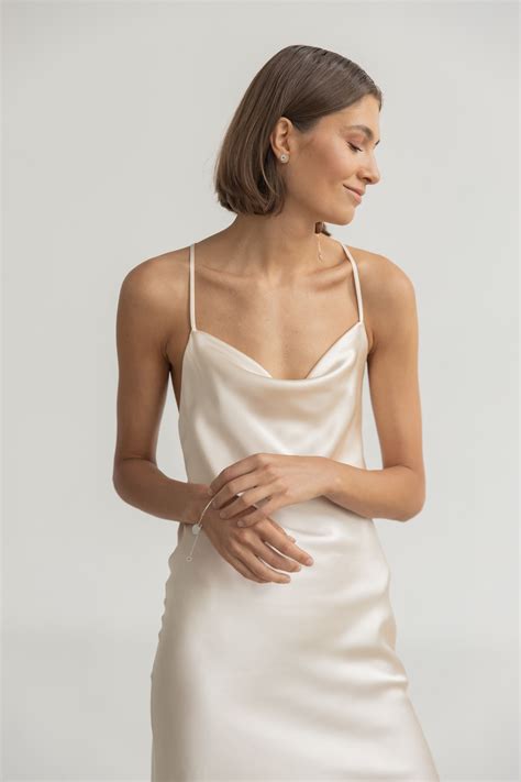 silk dress cream minimal wedding dress draped cowl neck silk slip