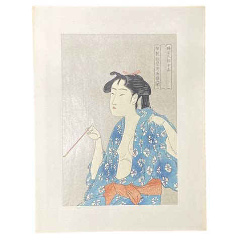 Kitagawa Utamaro Japanese Woodblock Print Edo Semi-Nude Woman Smoking