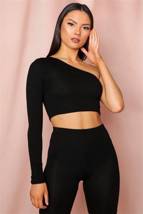 One Shoulder Long Sleeve Crop Top | Crop top outfits, Long sleeve ...