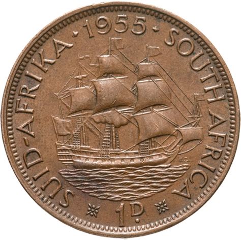 Монета ЮАР 1 пенни (penny) 1955 стоимостью 350 руб.