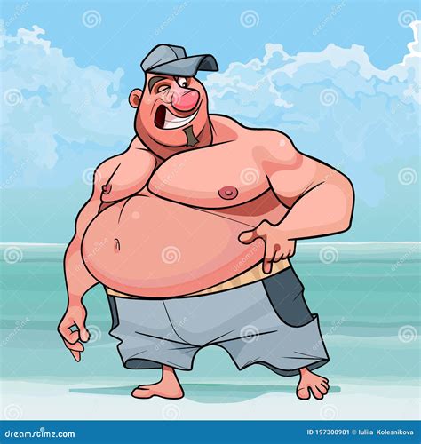 Cartoon Fat Man with Naked Torso on the Seashore Stock Vector