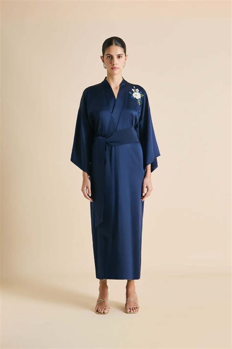 Queenie Harmonies Navy Embellished Robe in Silk Satin | Olivia von Halle