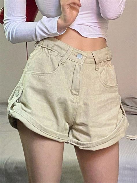 emmiol  shipping  cuffed hem baggy denim shorts apricot
